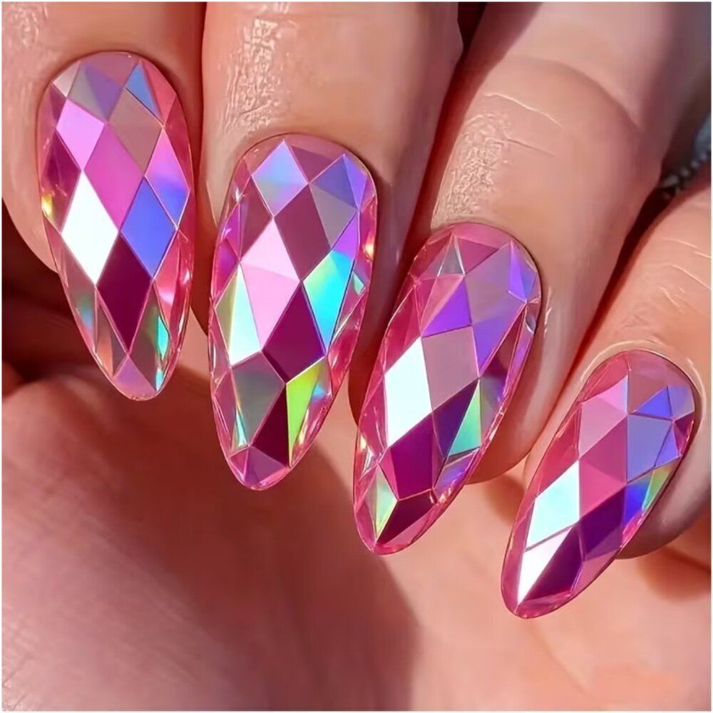 NWT 3D Diamond Faceted Holographic Press On Nails Pink Iridescent Almond Gem Cut